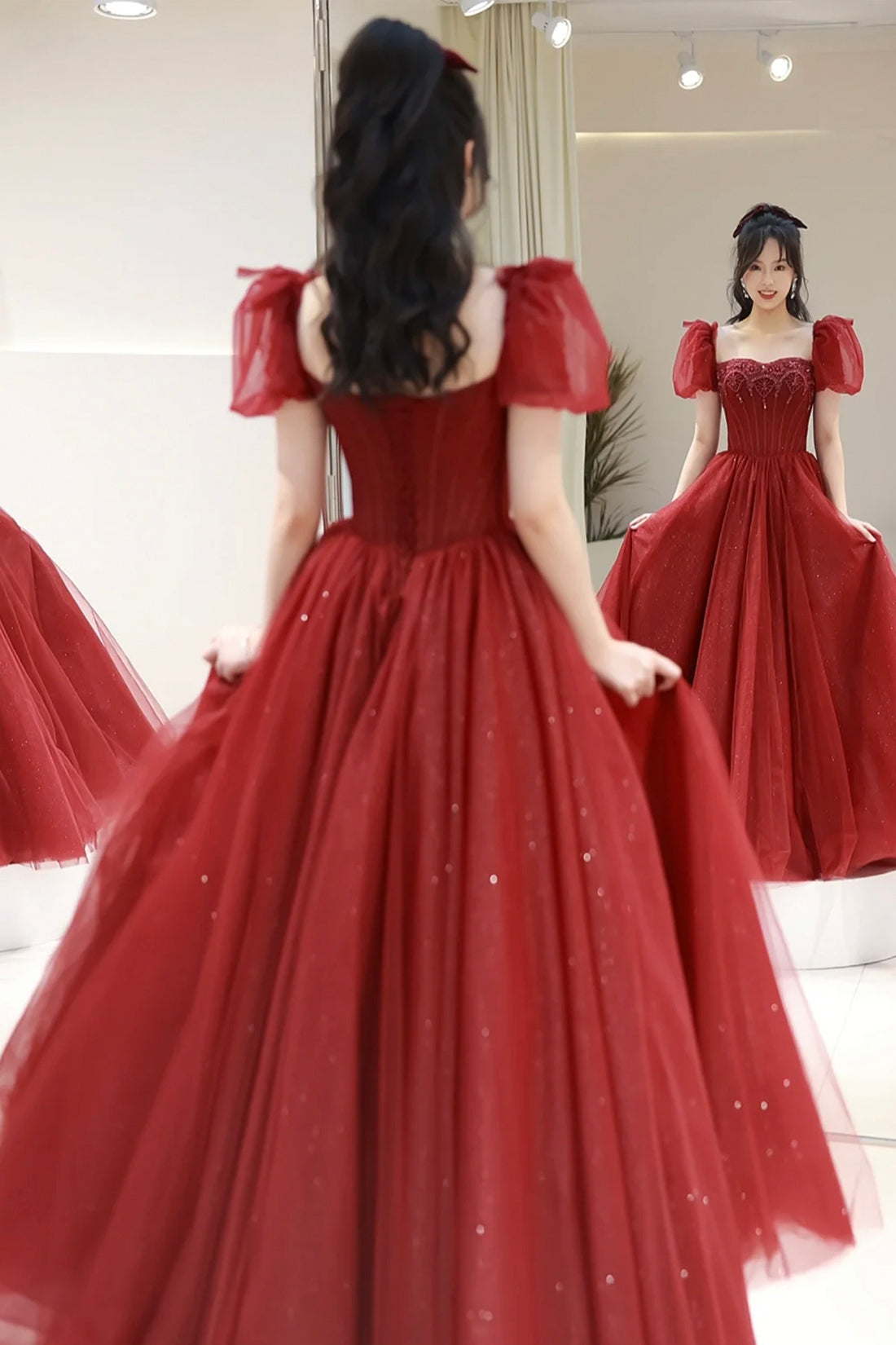 Burgundy Tulle Beaded Long Prom Dress, A-Line Short Sleeve Evening Dress