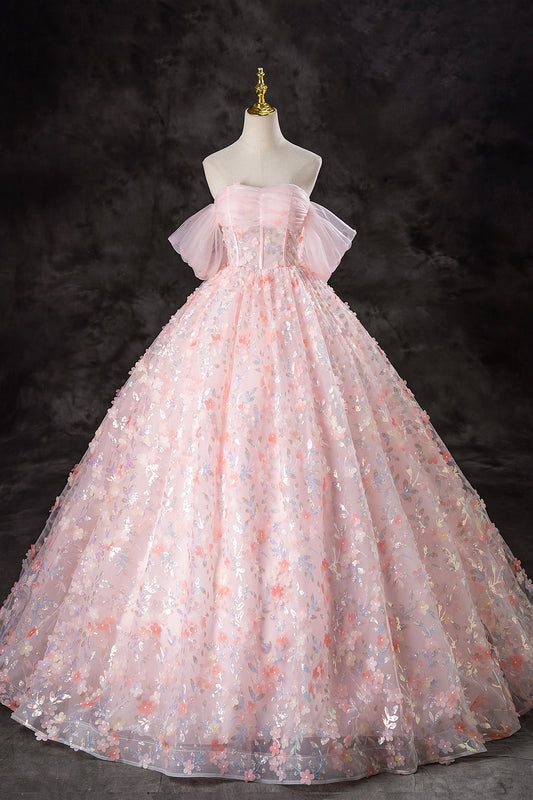 Pink Tulle Flowers Long Formal Dress, A-Line Off the Shoulder Evening Party Dress