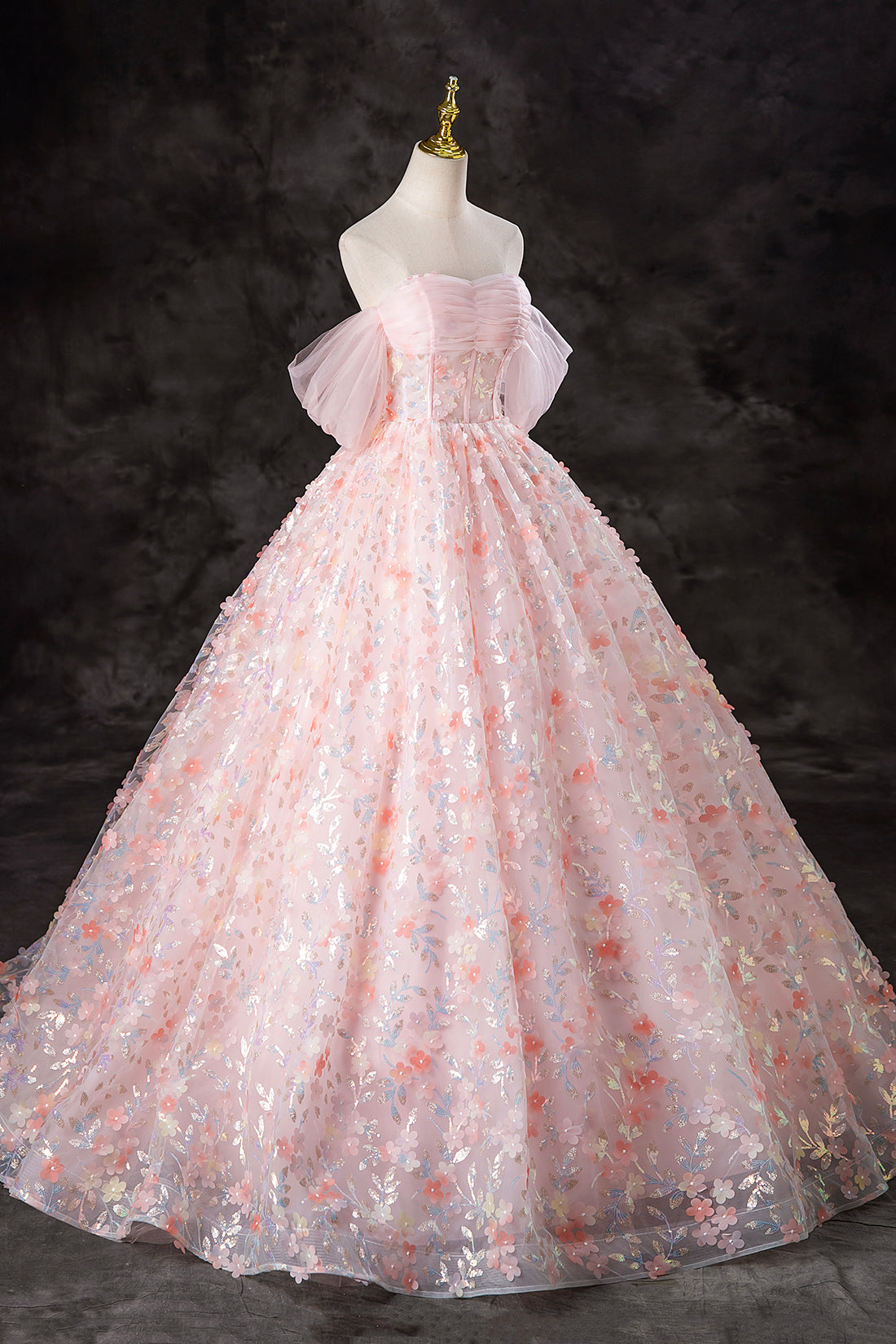 Pink Tulle Flowers Long Formal Dress, A-Line Off the Shoulder Evening Party Dress
