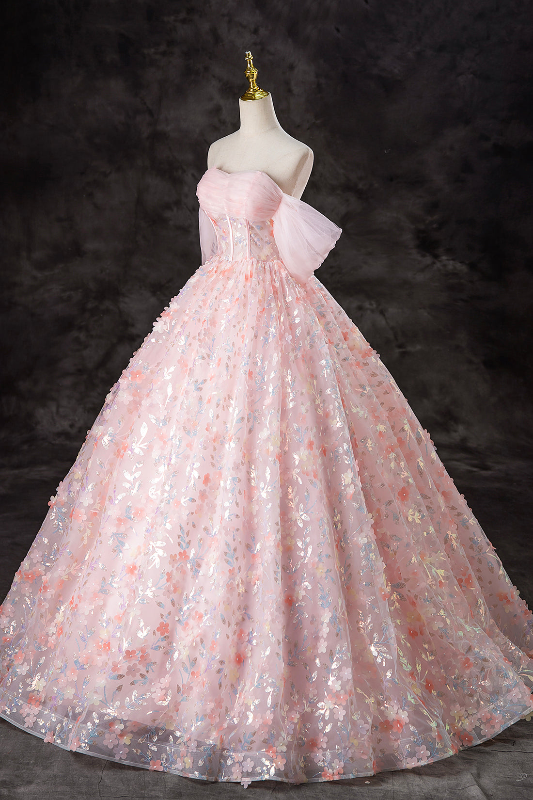 Pink Tulle Flowers Long Formal Dress, A-Line Off the Shoulder Evening Party Dress