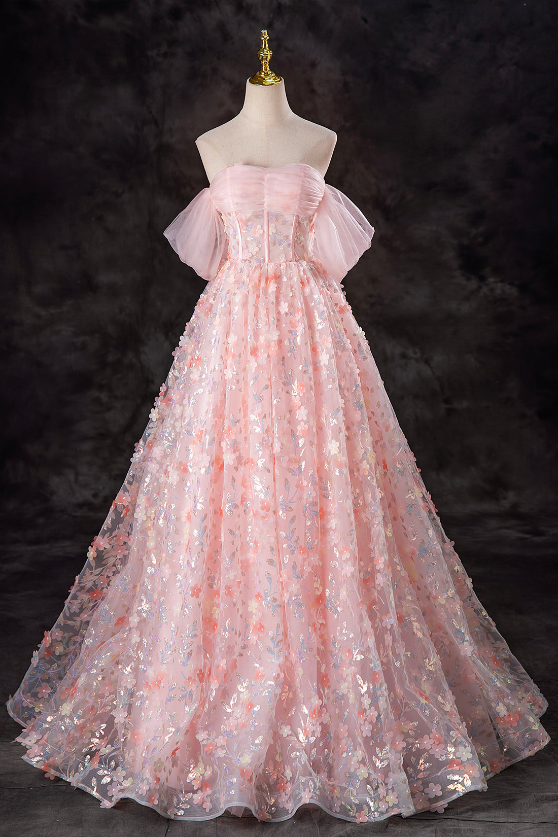 Pink Tulle Flowers Long Formal Dress, A-Line Off the Shoulder Evening Party Dress
