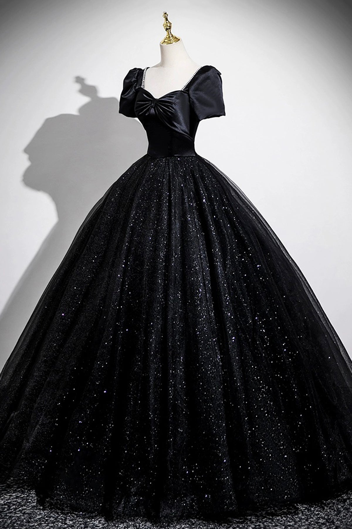 Black Satin and Tulle Long Prom Dress, Black A-Line Short Sleeve Party Dress