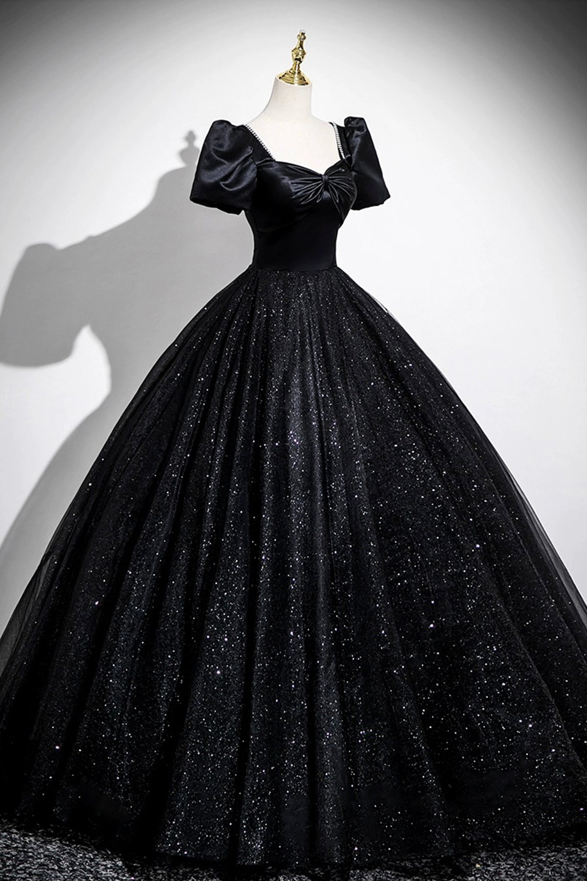 Black Satin and Tulle Long Prom Dress, Black A-Line Short Sleeve Party Dress