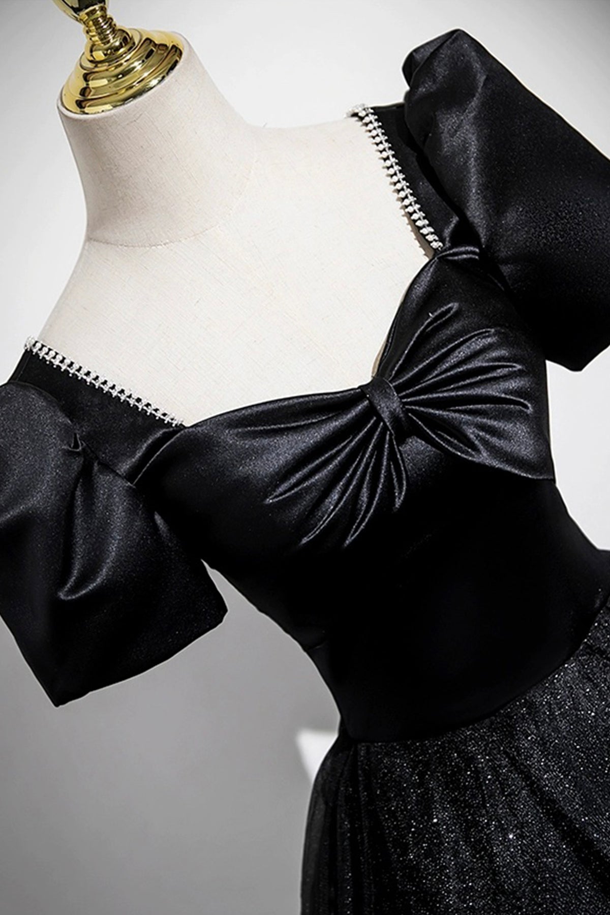 Black Satin and Tulle Long Prom Dress, Black A-Line Short Sleeve Party Dress