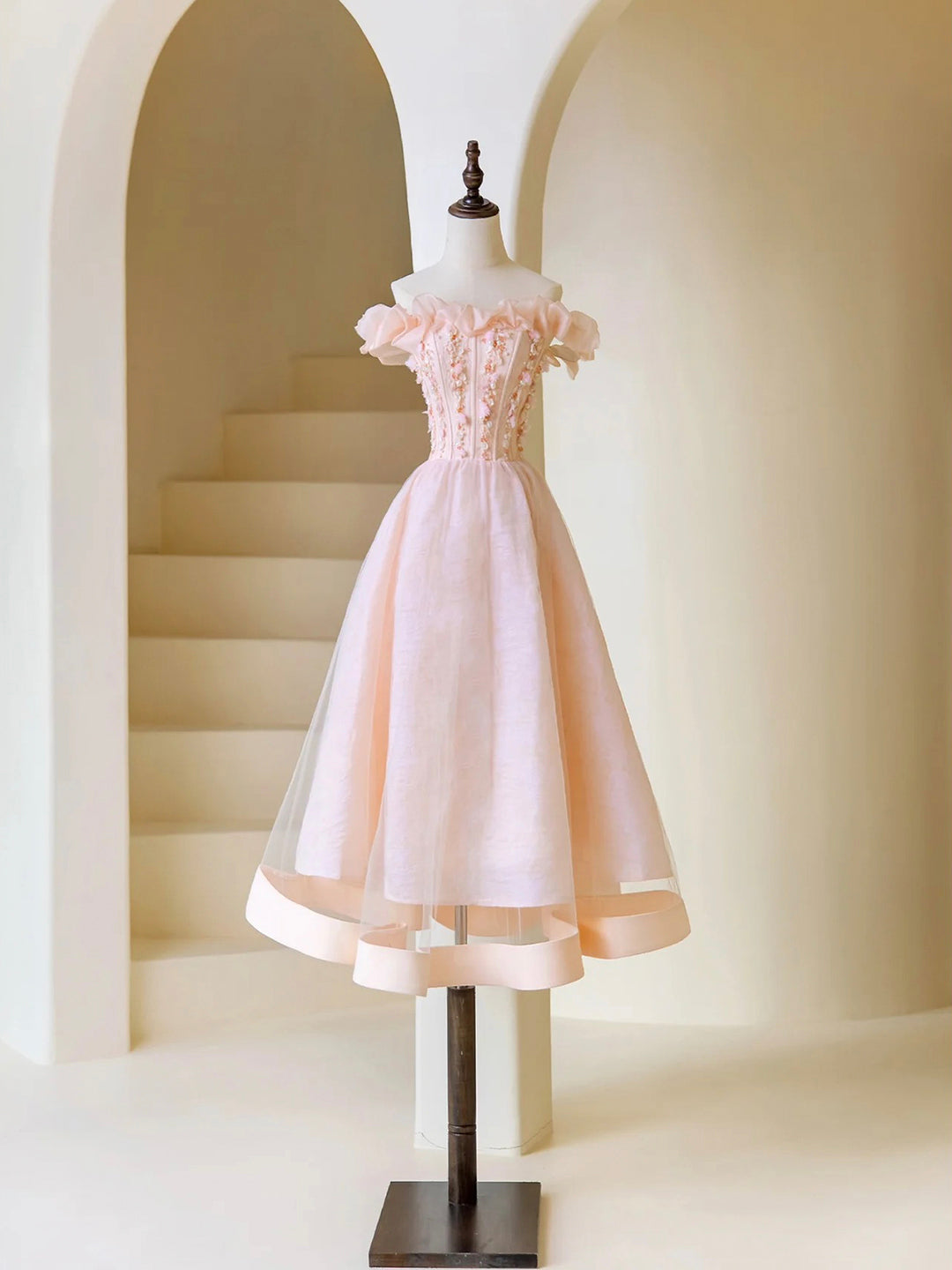 Pink Tulle Beaded Short Prom Dress, Beautiful Pink Off Shoulder Evening Party Dress