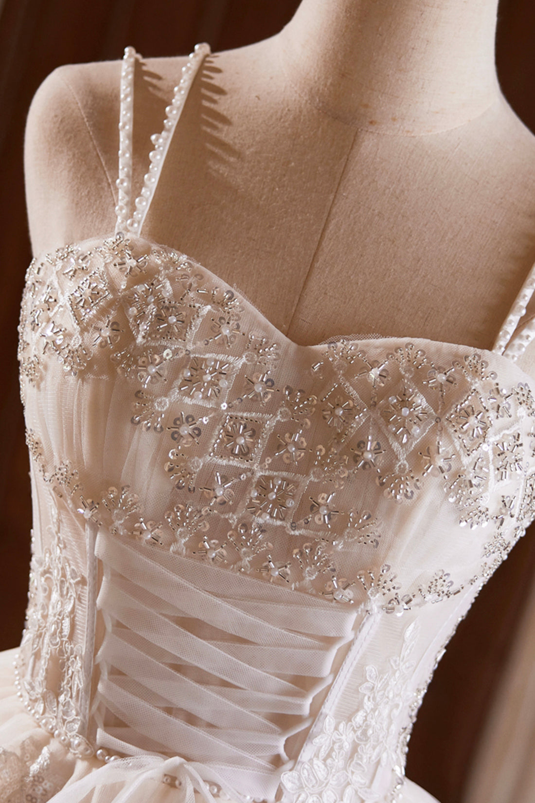 Light Champagne Spaghetti Strap Tulle Beaded Short Prom Dress, Beautiful A-Line Evening Party Dress