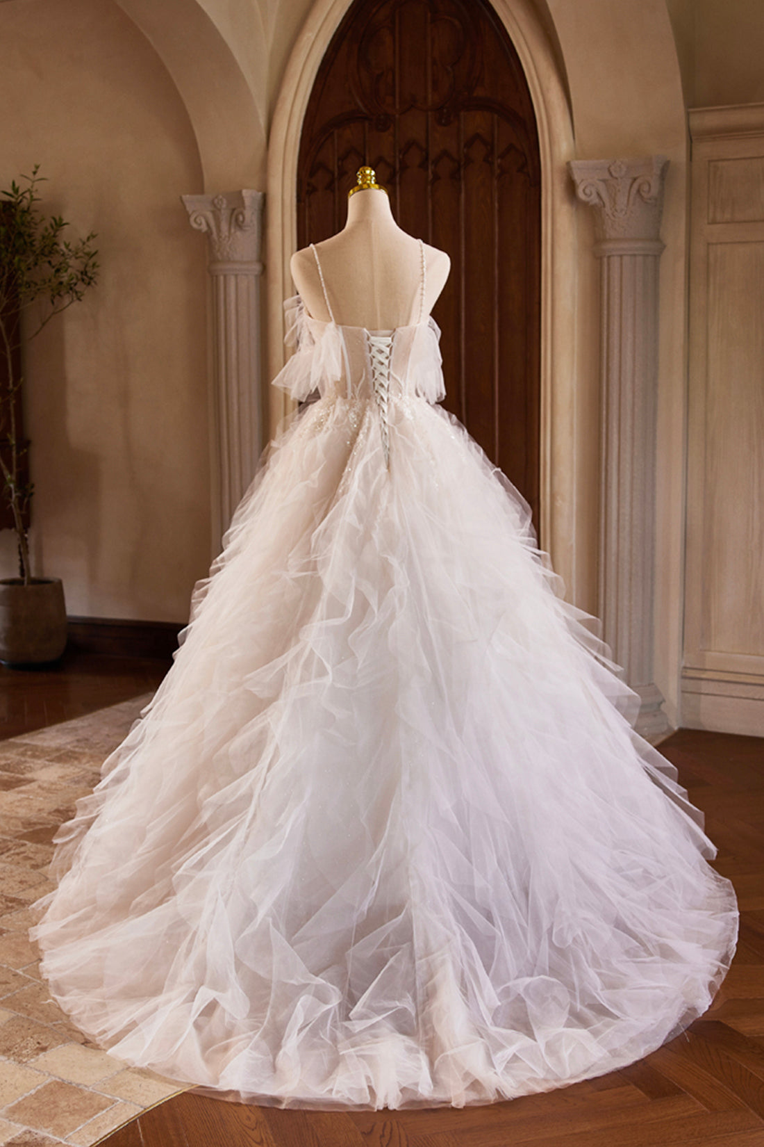 Champagne Sweetheart Layers Princess Dress, A-Line Spaghetti Straps Tulle Formal Gown