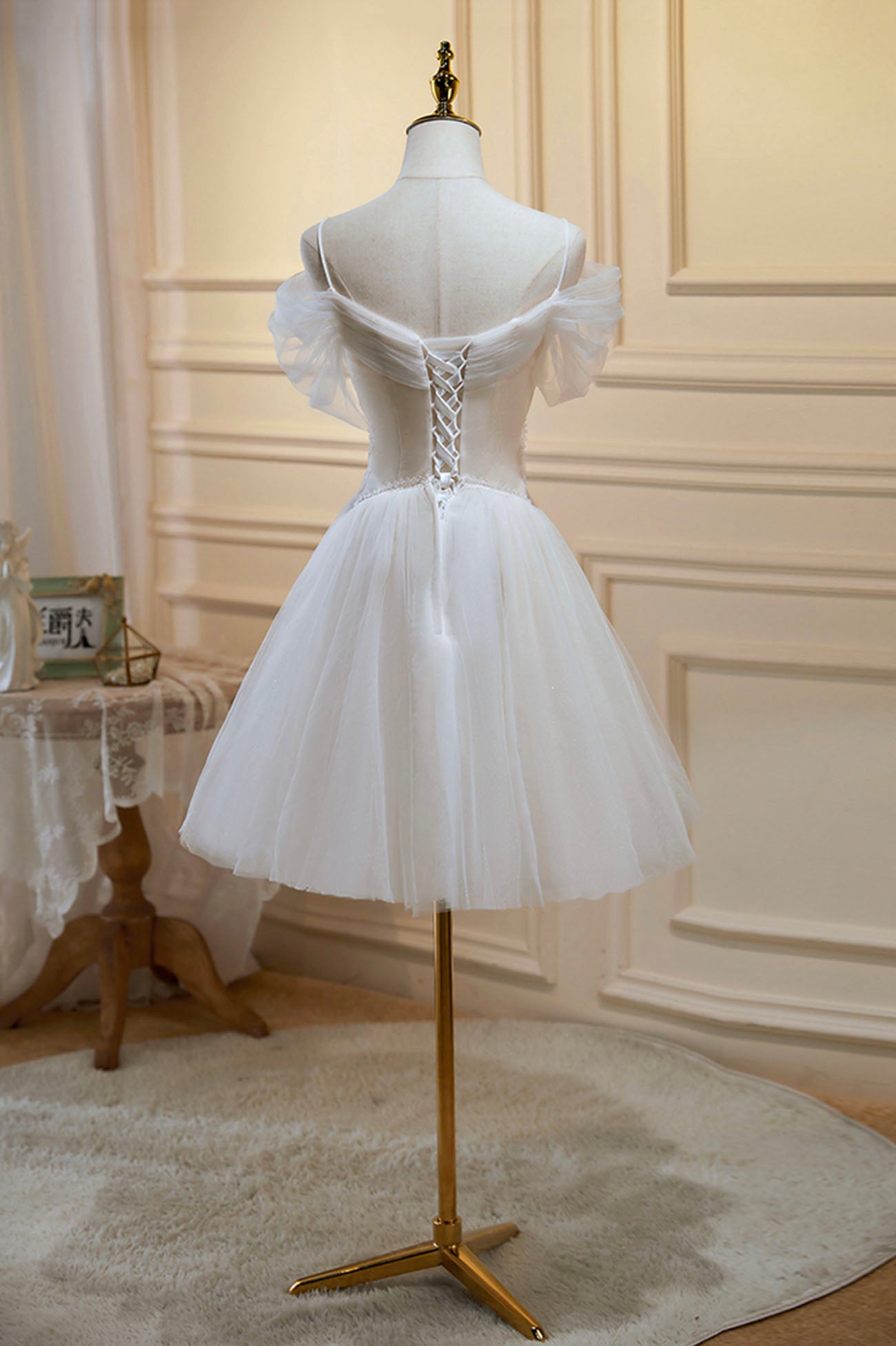 Champagne Spaghetti Strap Tulle Short A-Line Party Dress