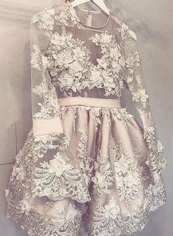 Cute Champagne Lace Short Prom Dress, Long Sleeve Homecoming Dress