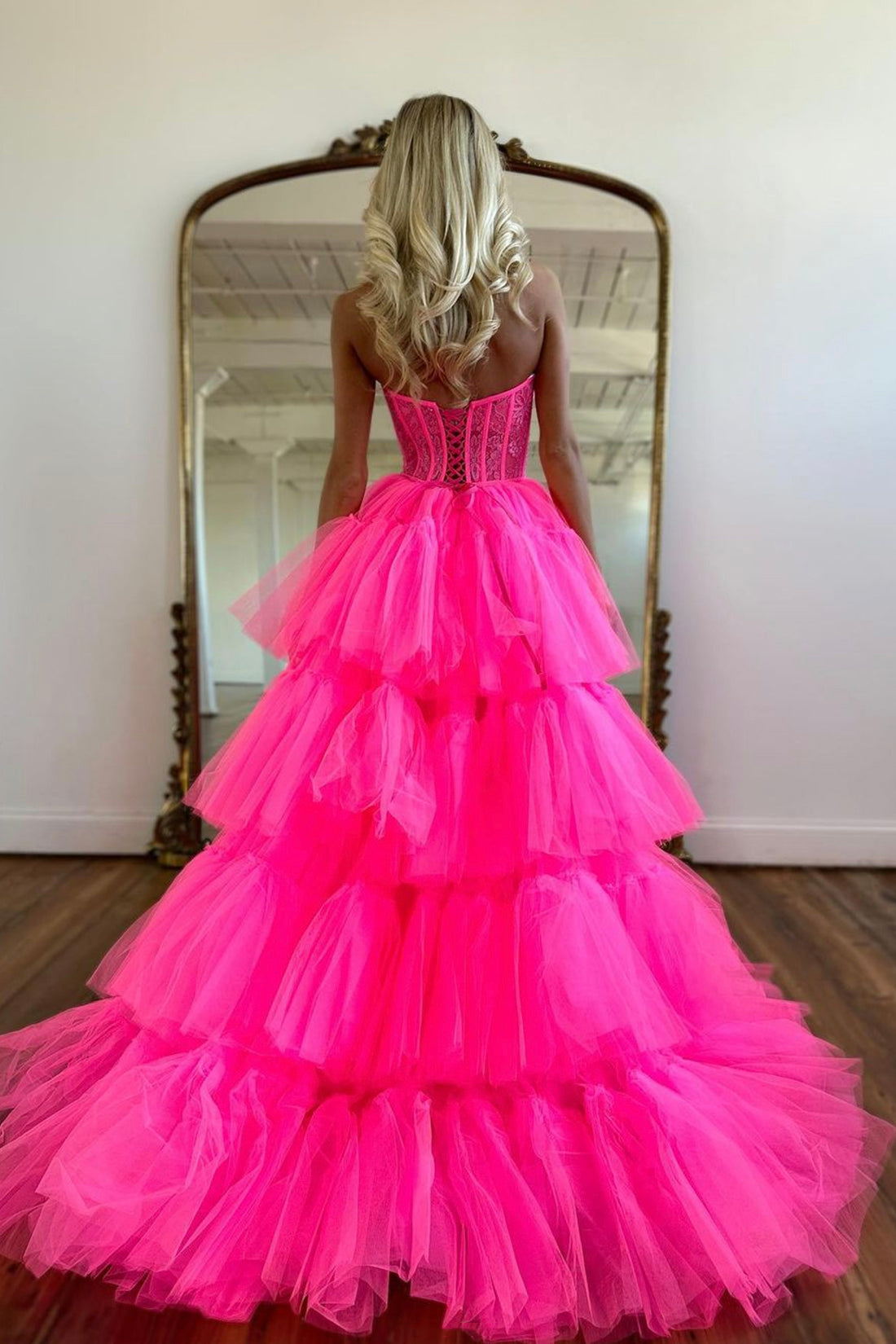 Hot Pink Strapless Tulle Lace Long Prom Dress, Cute A-Line High Low Evening Dress