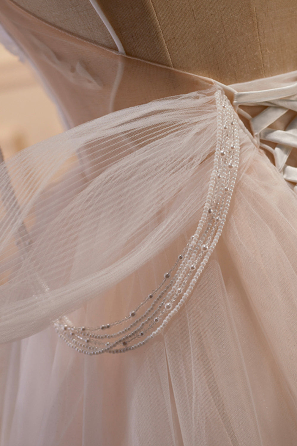 Champagne Tulle Long A-Line Prom Dress, Cute Evening Dress with Bow