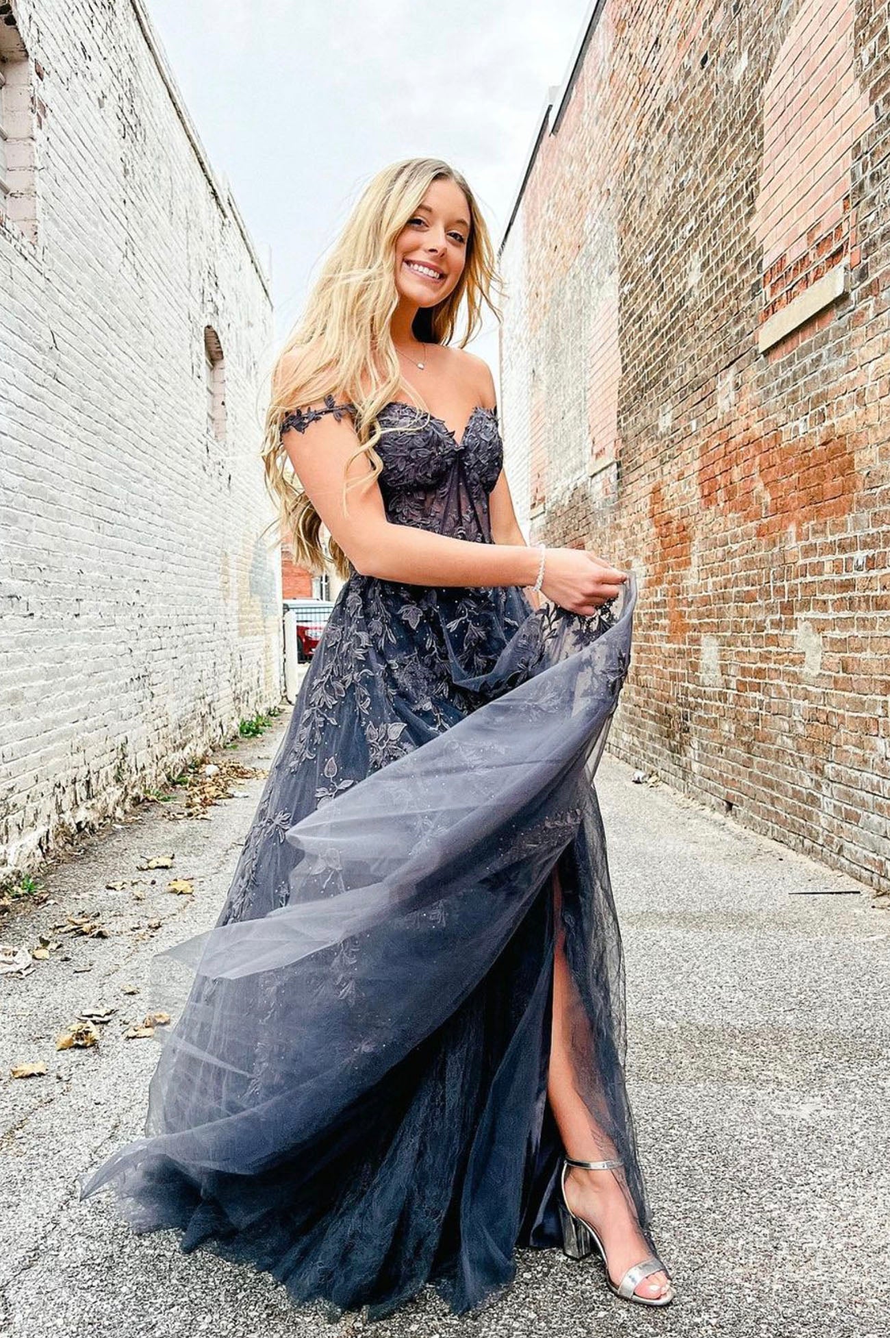 Black Tulle Lace Long Prom Dress, Off the Shoulder Evening Dress