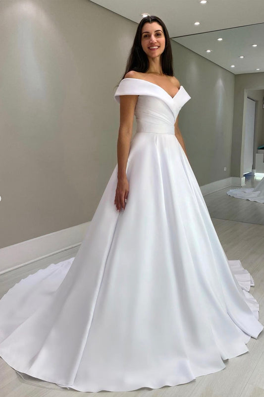 White Satin Long Prom Dress, Off the Shoulder Evening Dress