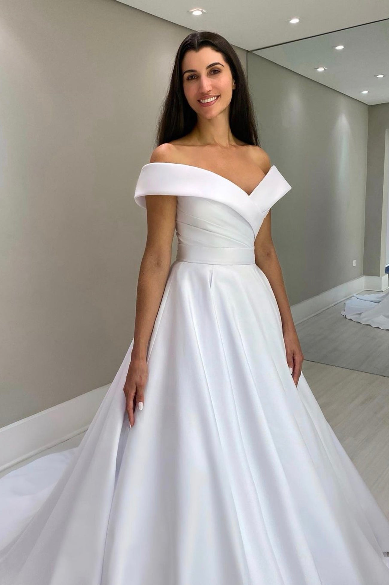 White Satin Long Prom Dress, Off the Shoulder Evening Dress