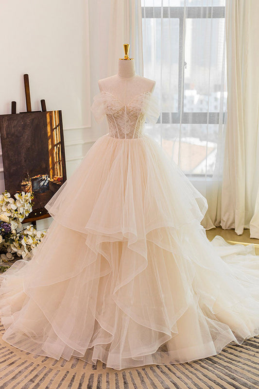Champagne Strapless Tulle Long Long Prom Dress