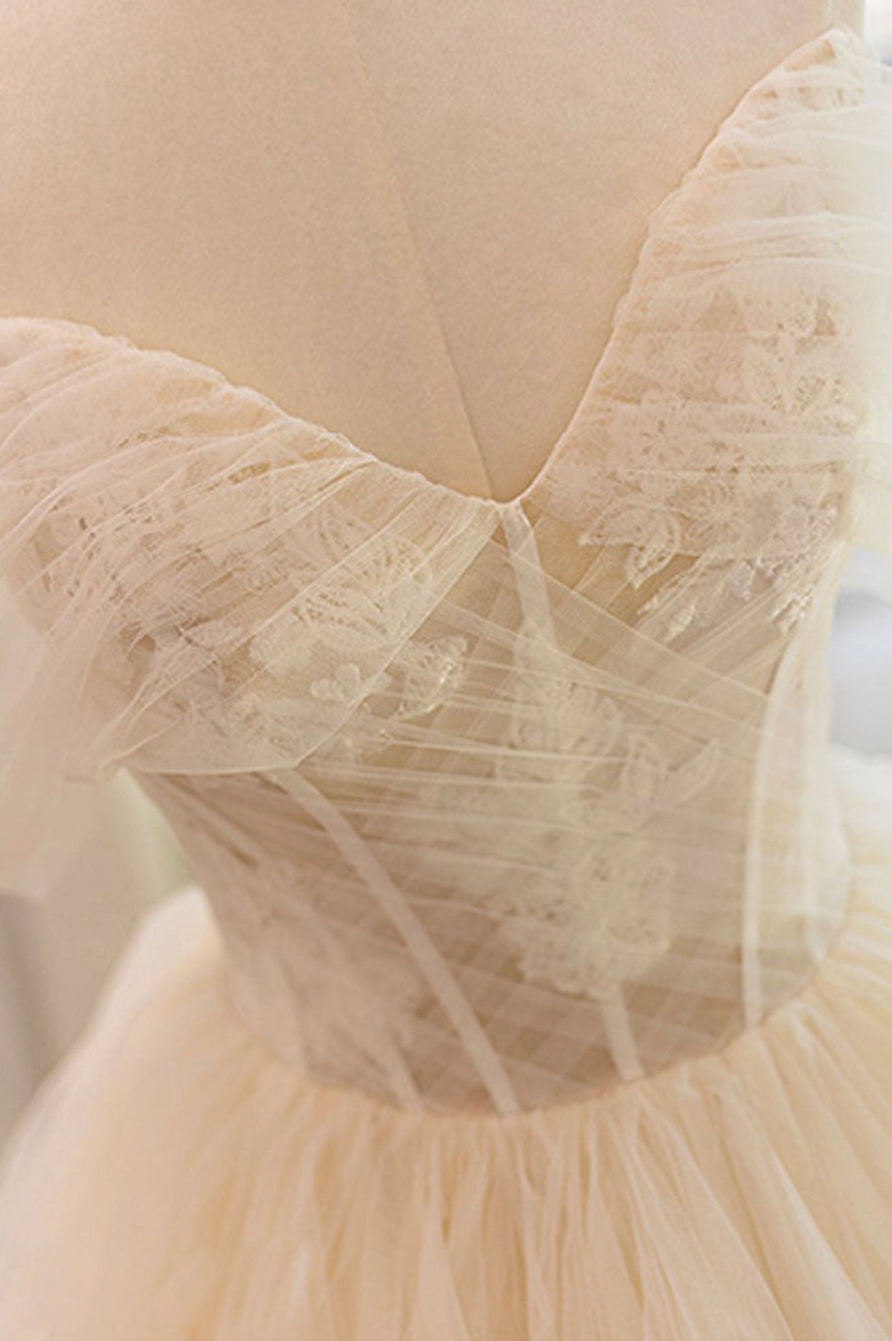 Champagne Strapless Tulle Long Long Prom Dress