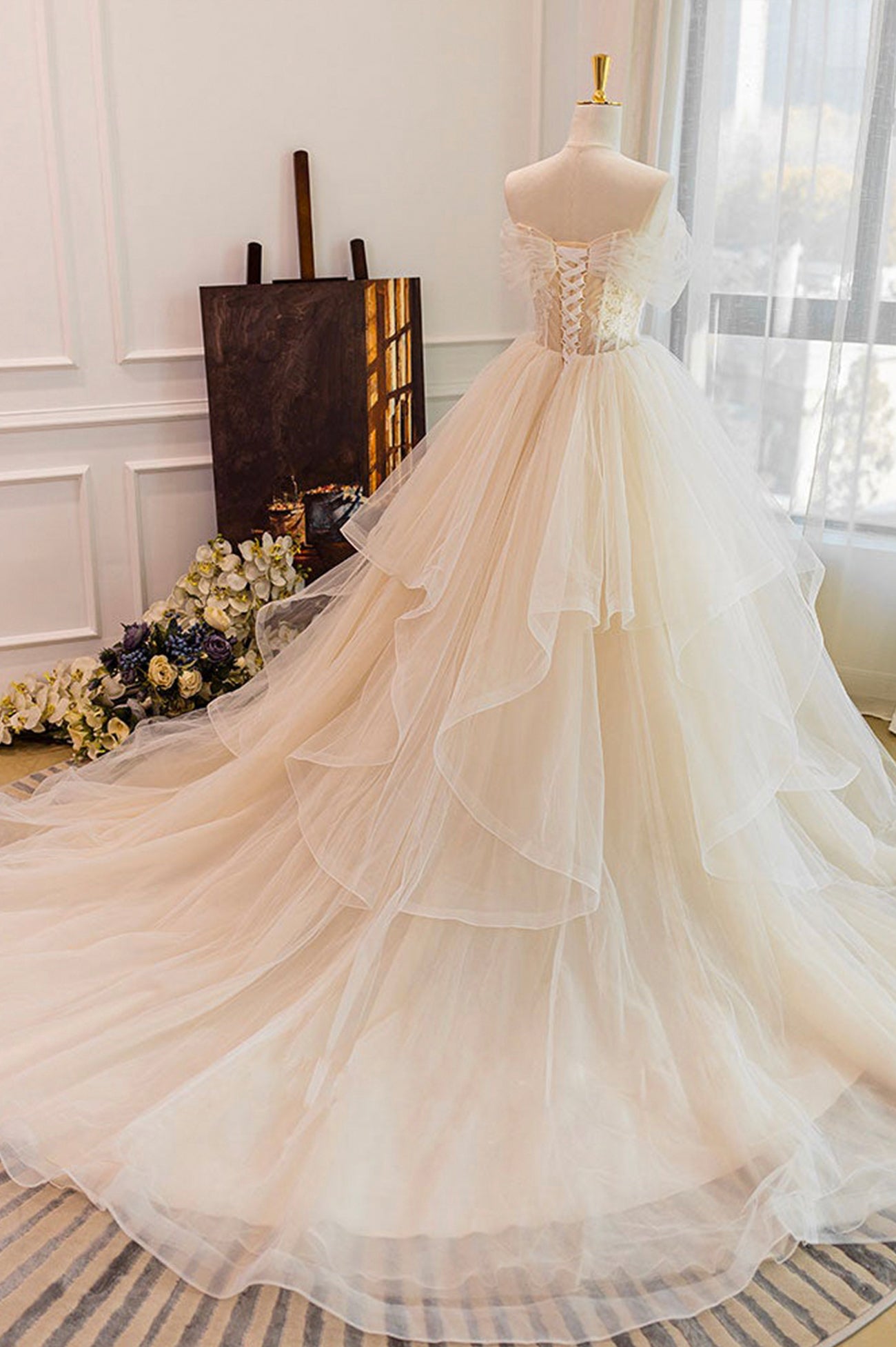 Champagne Strapless Tulle Long Long Prom Dress
