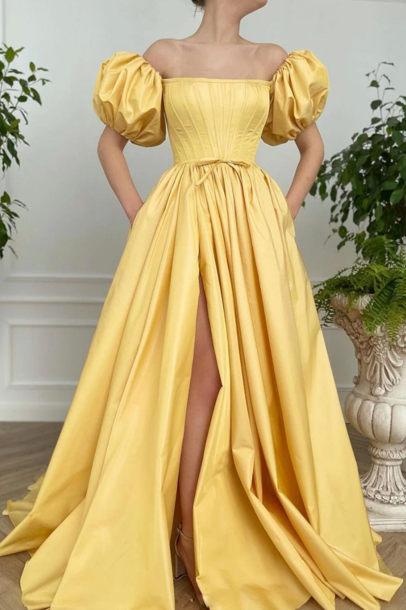 Yellow satin long A line prom dress evening dress