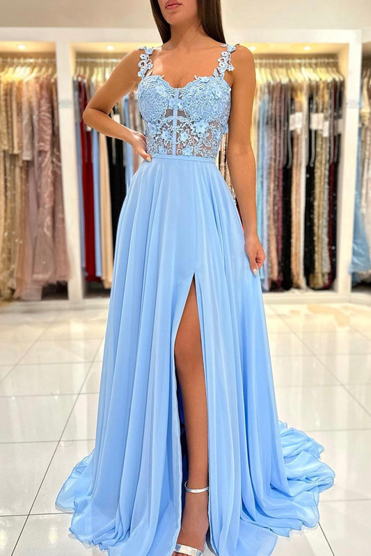 Blue Chiffon Lace Long Prom Dress, A-Line Evening Dress