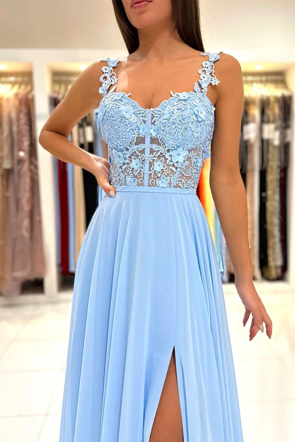 Blue Chiffon Lace Long Prom Dress, A-Line Evening Dress