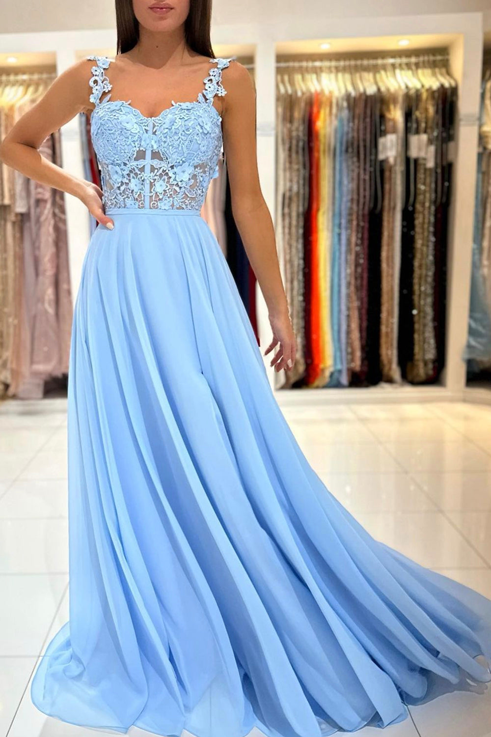 Blue Chiffon Lace Long Prom Dress, A-Line Evening Dress