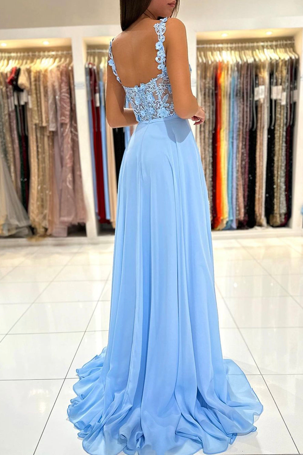 Blue Chiffon Lace Long Prom Dress, A-Line Evening Dress