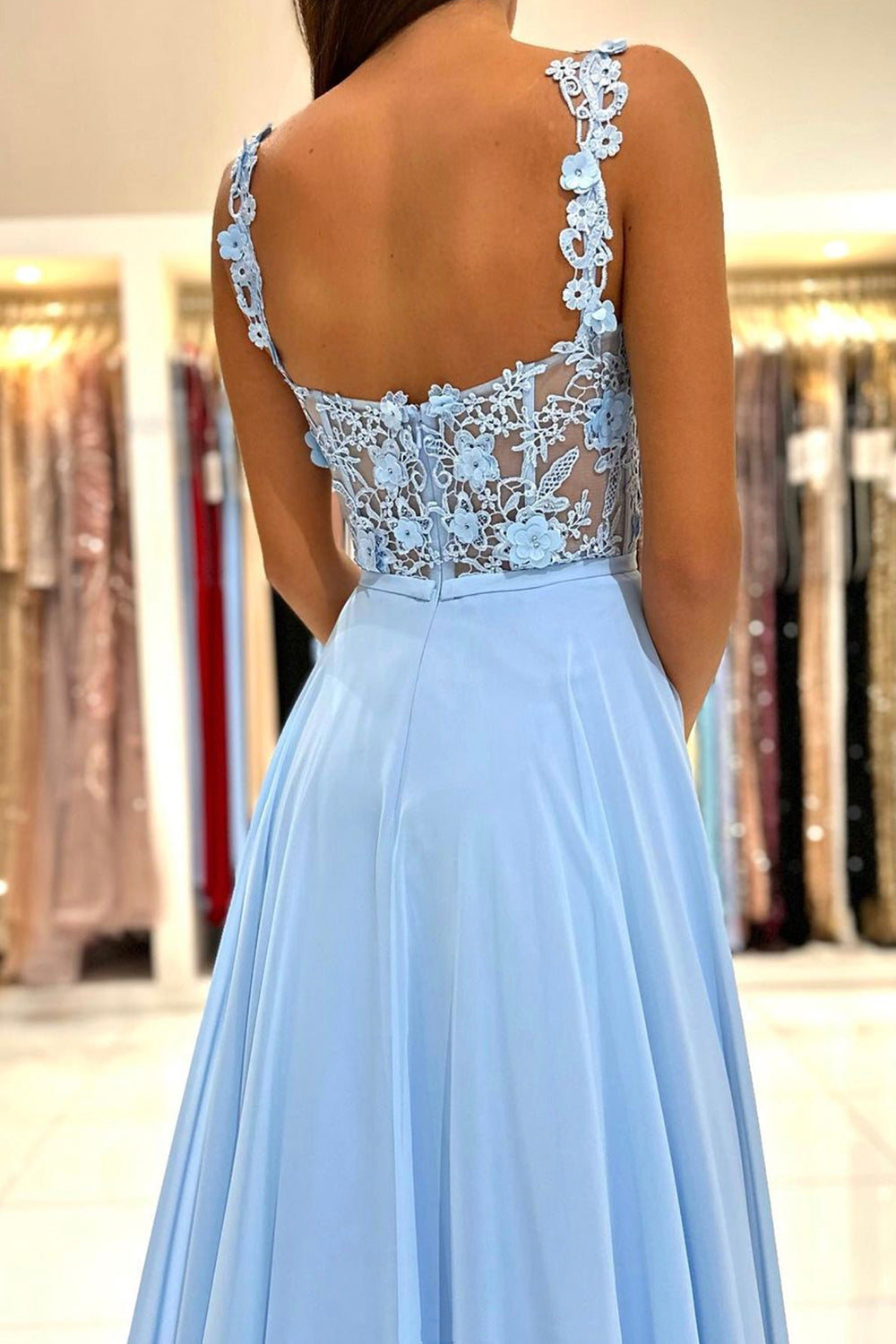 Blue Chiffon Lace Long Prom Dress, A-Line Evening Dress