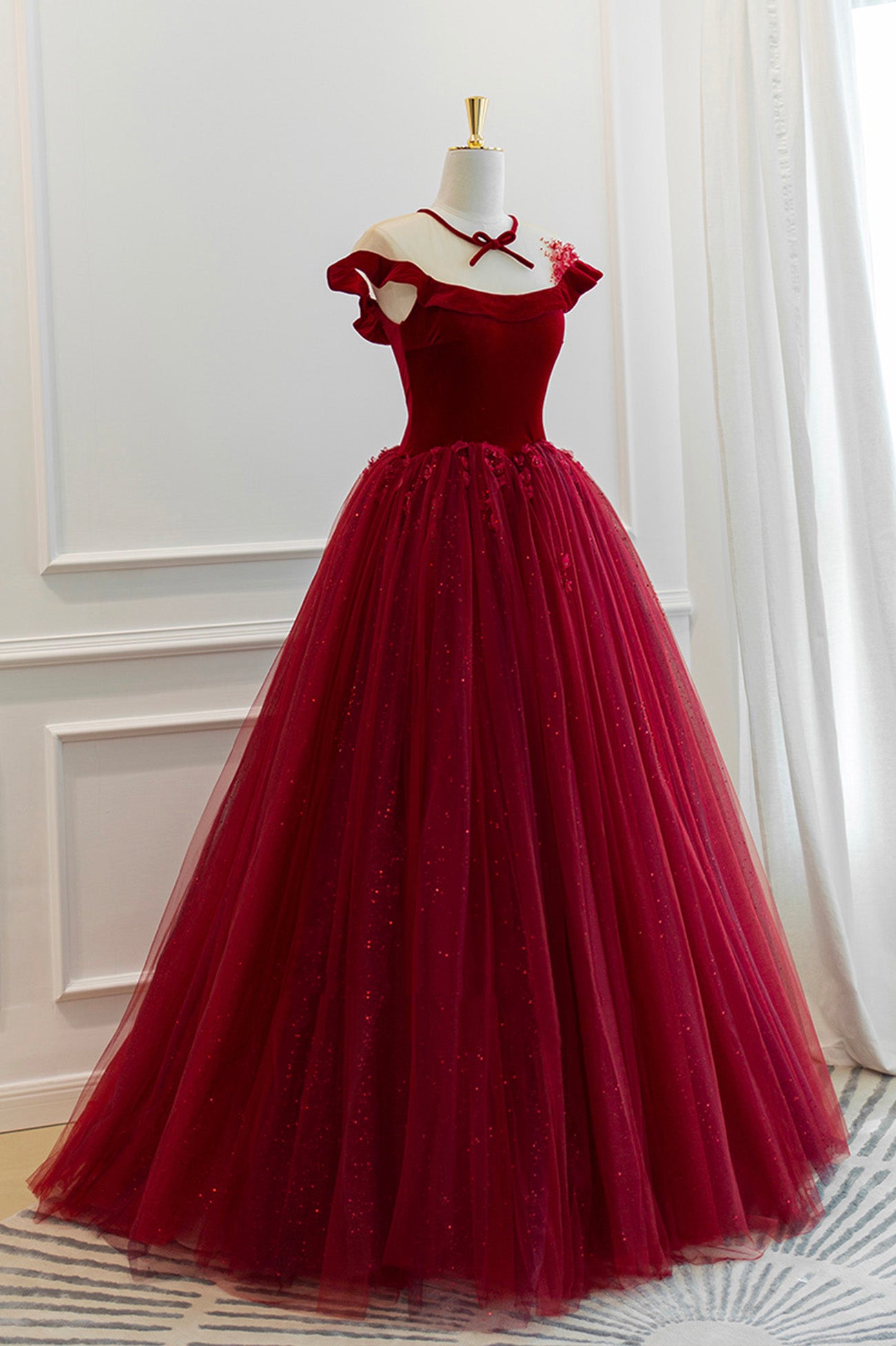 Burgundy Velvet Tulle Long Prom Dress