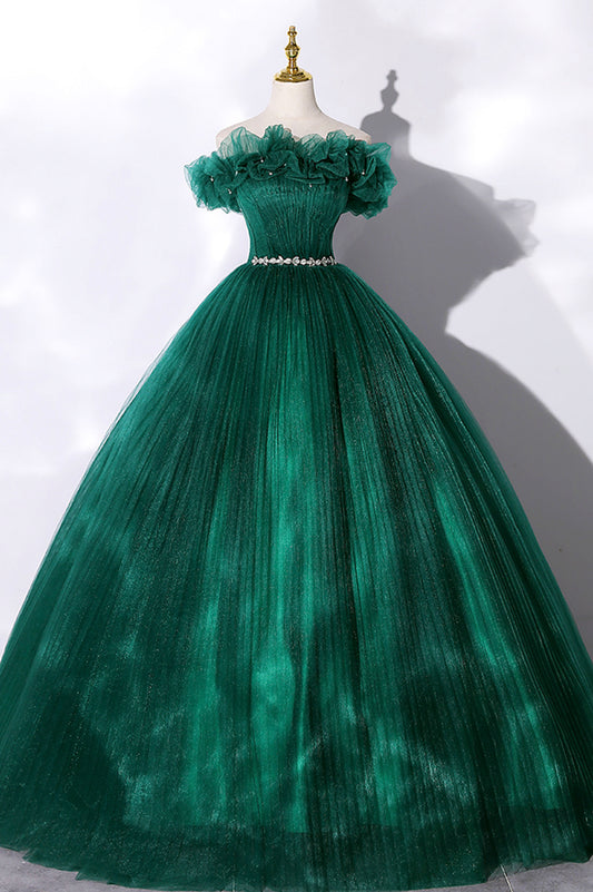 Green Tulle Long A-Line Prom Dress, Off the Shoulder Evening Party Gown