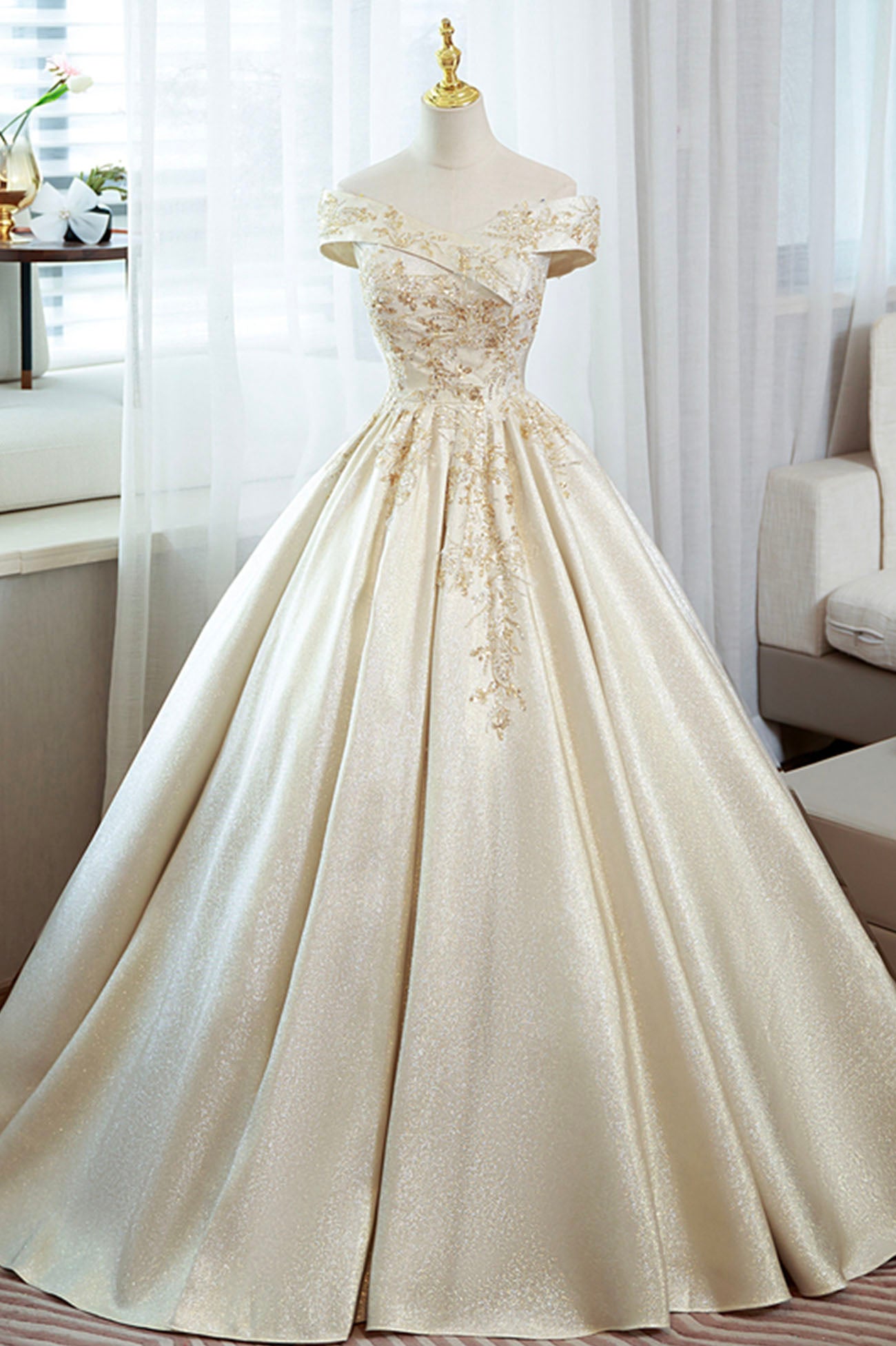 Champagne Satin Sequins Long Prom Dress, Off the Shoulder Evening Part Champagne Satin Sequins Long Prom Dress, Off the Shoulder Evening Part
