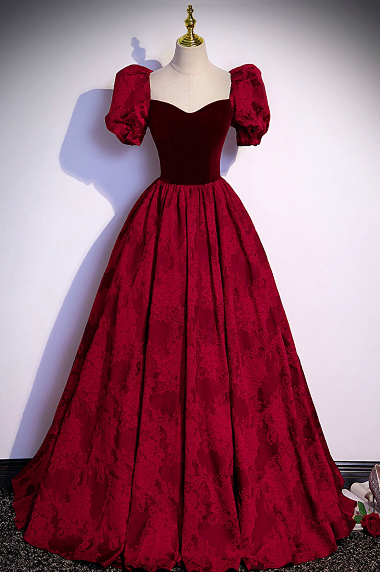 Burgundy Velvet Long Prom Dress, A-Line Short Sleeve Evening Dress