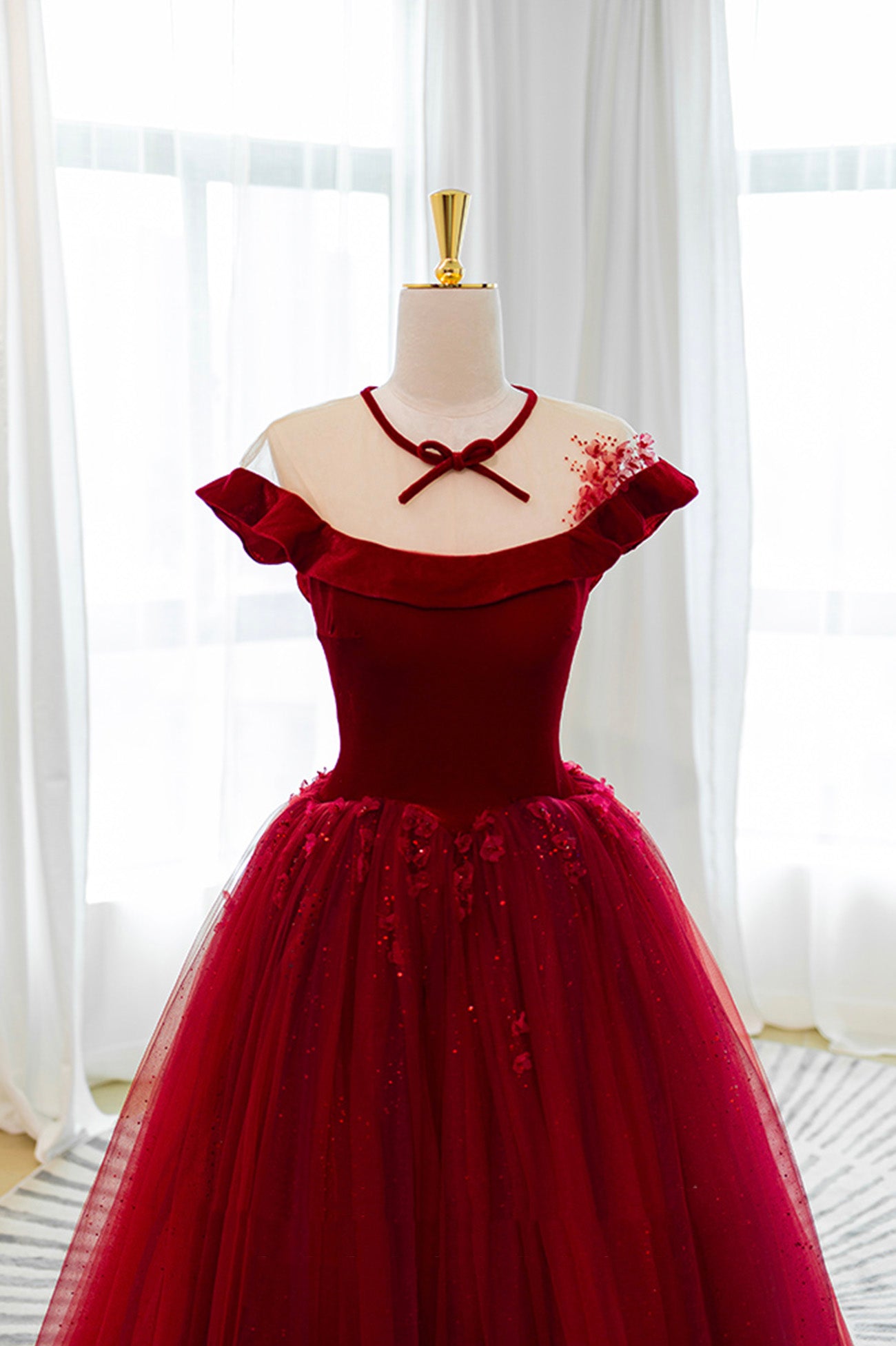 Burgundy Velvet Tulle Long Prom Dress