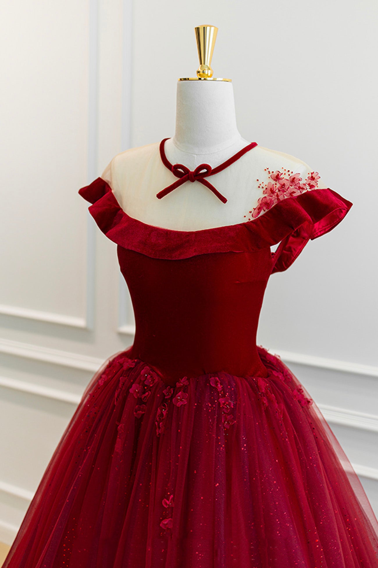 Burgundy Velvet Tulle Long Prom Dress
