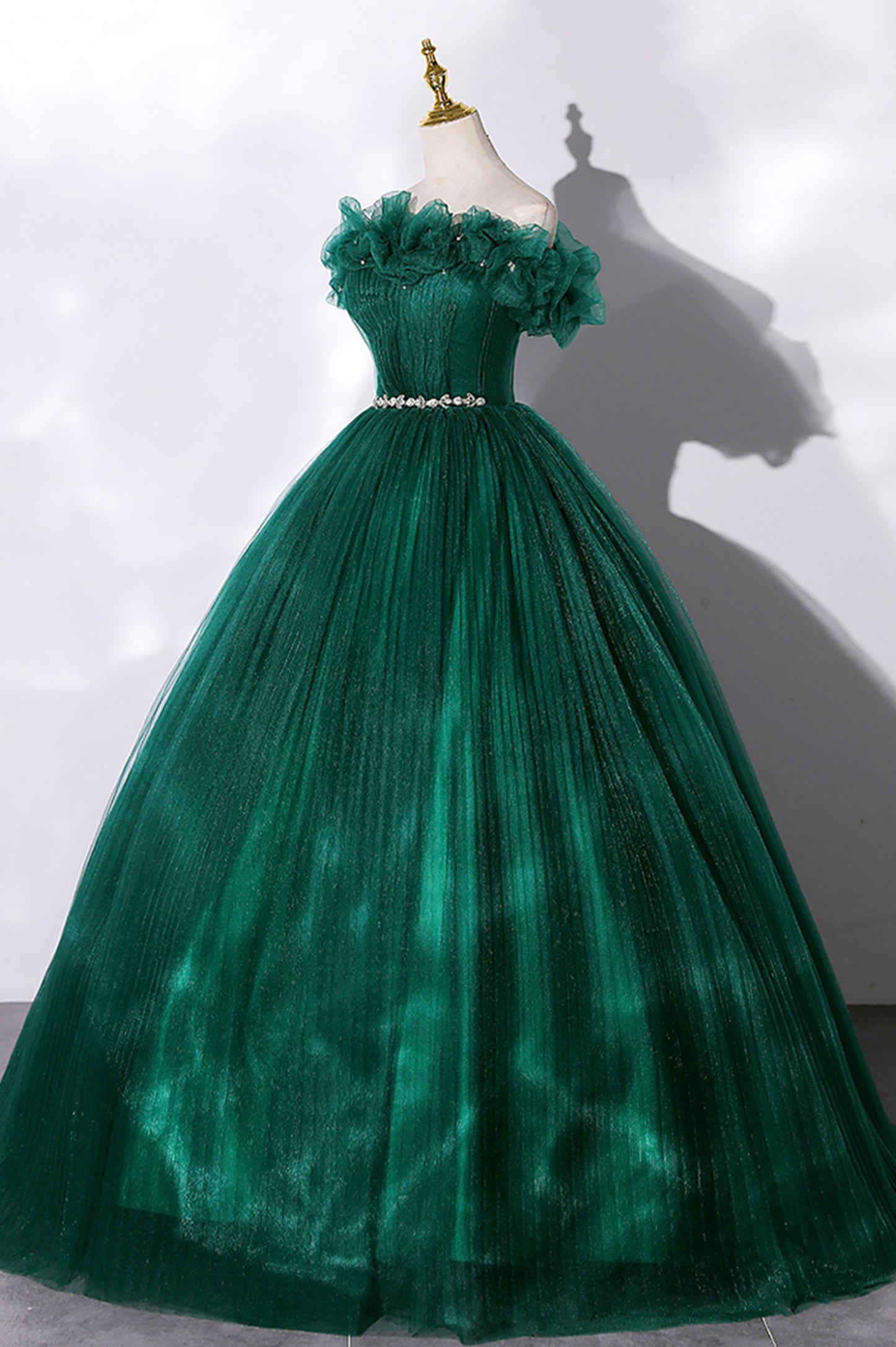 Green Tulle Long A-Line Prom Dress, Off the Shoulder Evening Party Gown