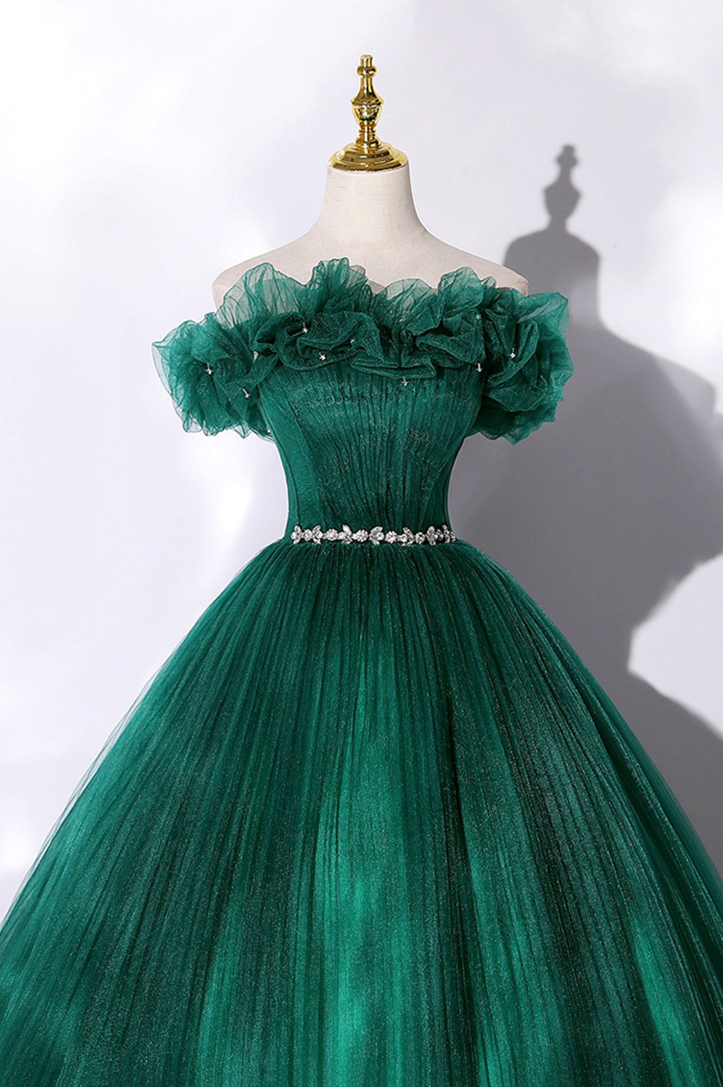 Green Tulle Long A-Line Prom Dress, Off the Shoulder Evening Party Gown