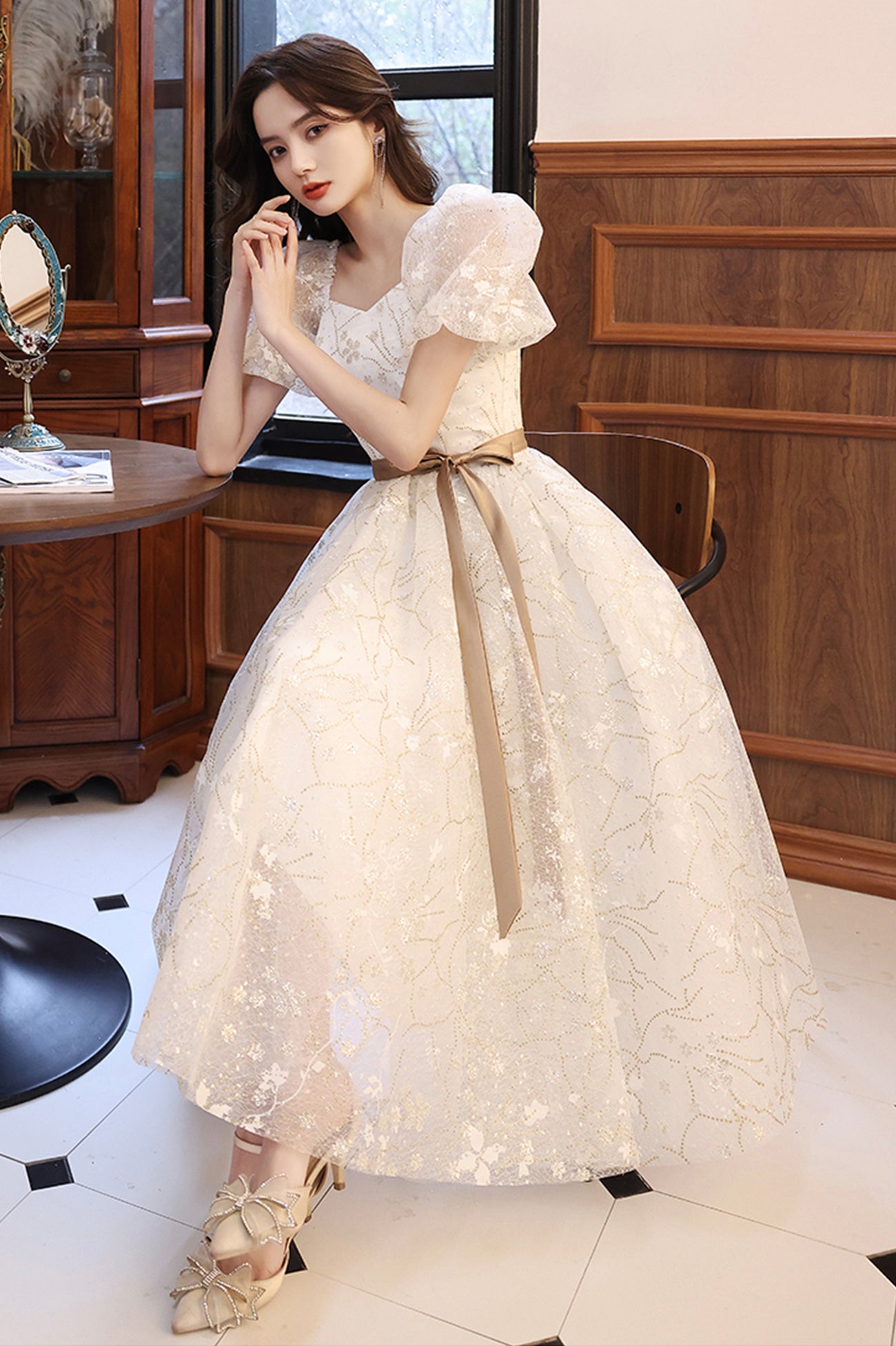 White Tulle Short Prom Dress, A-Line Short Sleeve Evening Dress