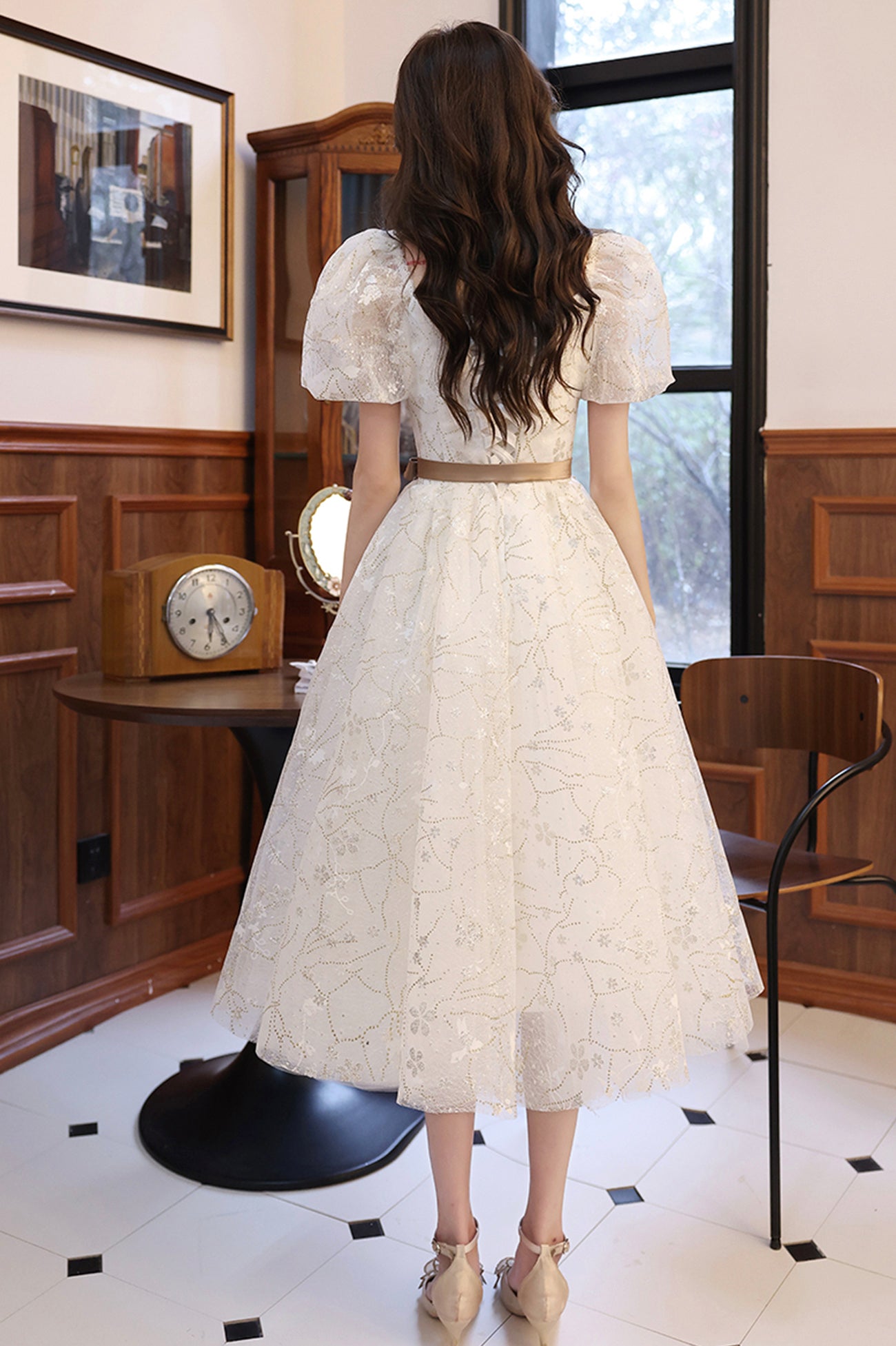 White Tulle Short Prom Dress, A-Line Short Sleeve Evening Dress