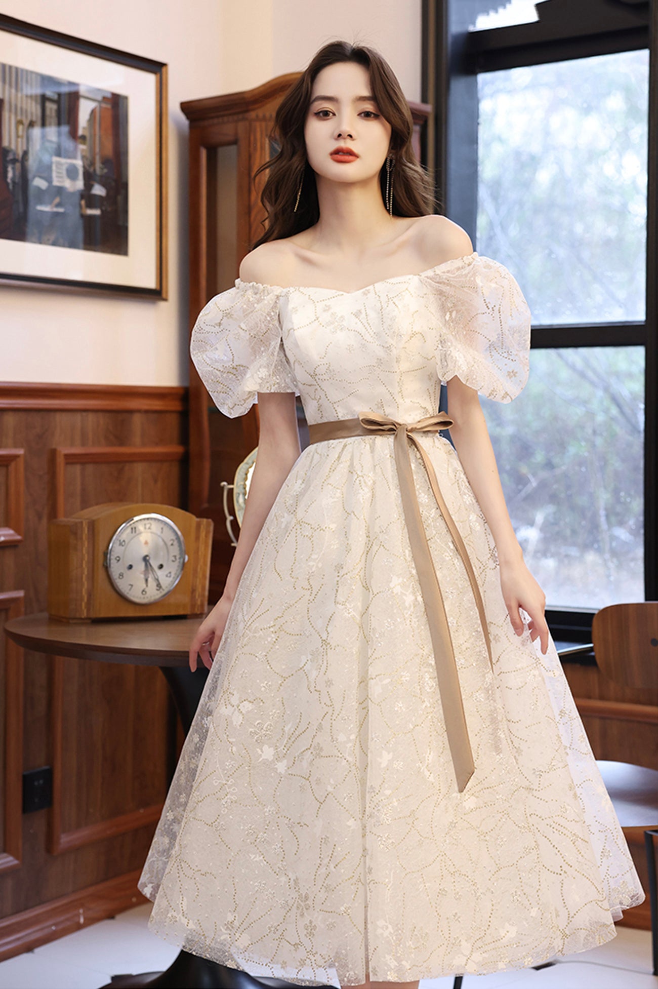 White Tulle Short Prom Dress, A-Line Short Sleeve Evening Dress