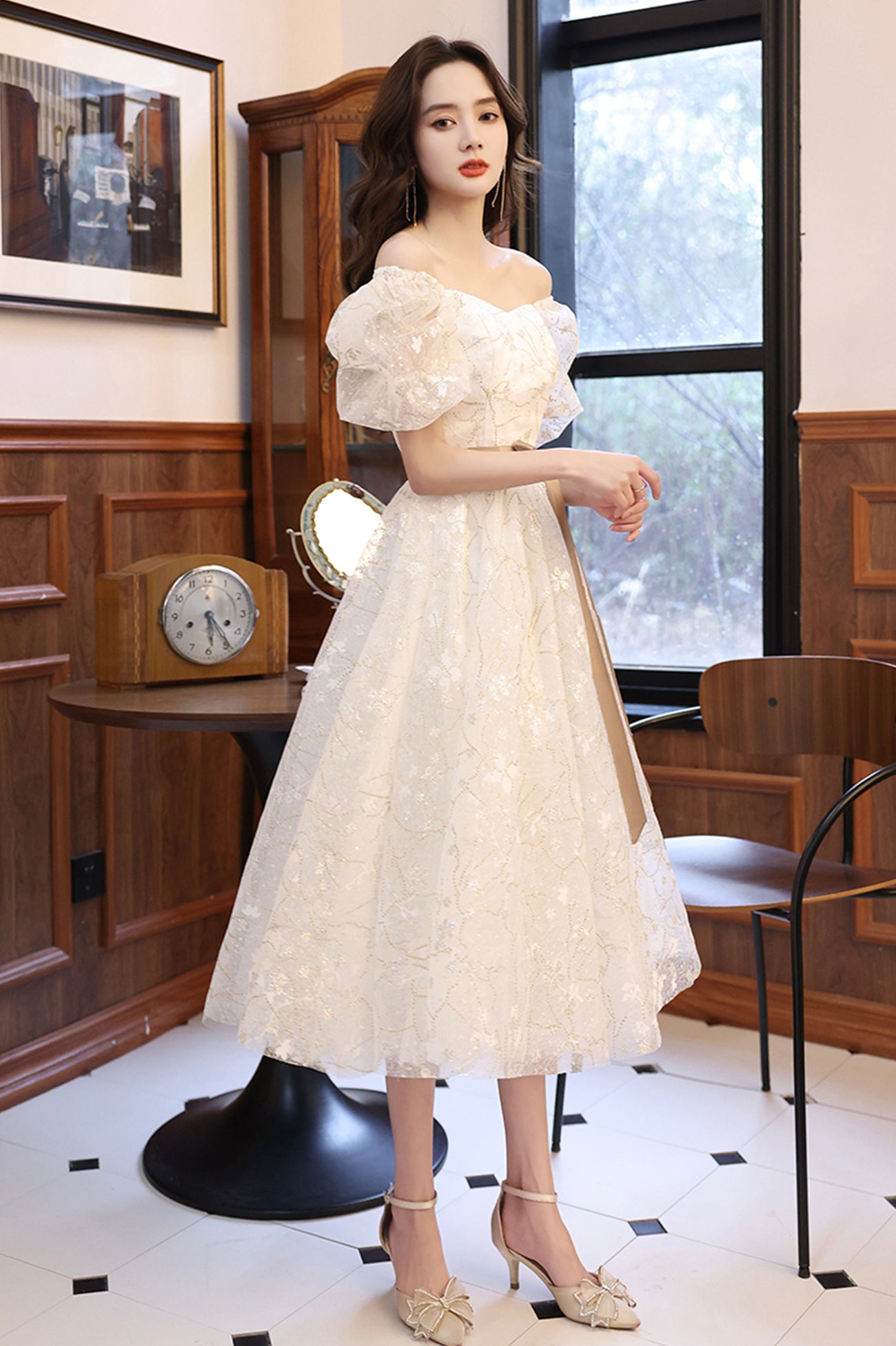 White Tulle Short Prom Dress, A-Line Short Sleeve Evening Dress