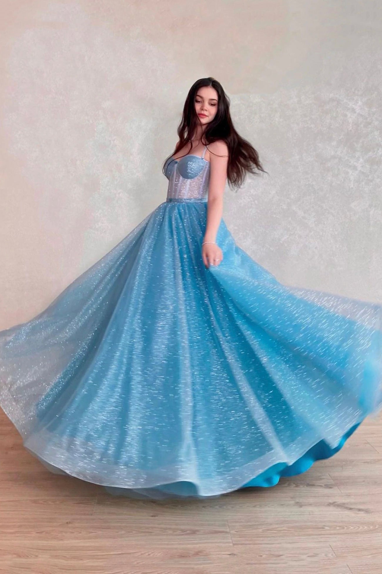 Blue Spaghetti Strap Tulle Long Prom Dress with Corset