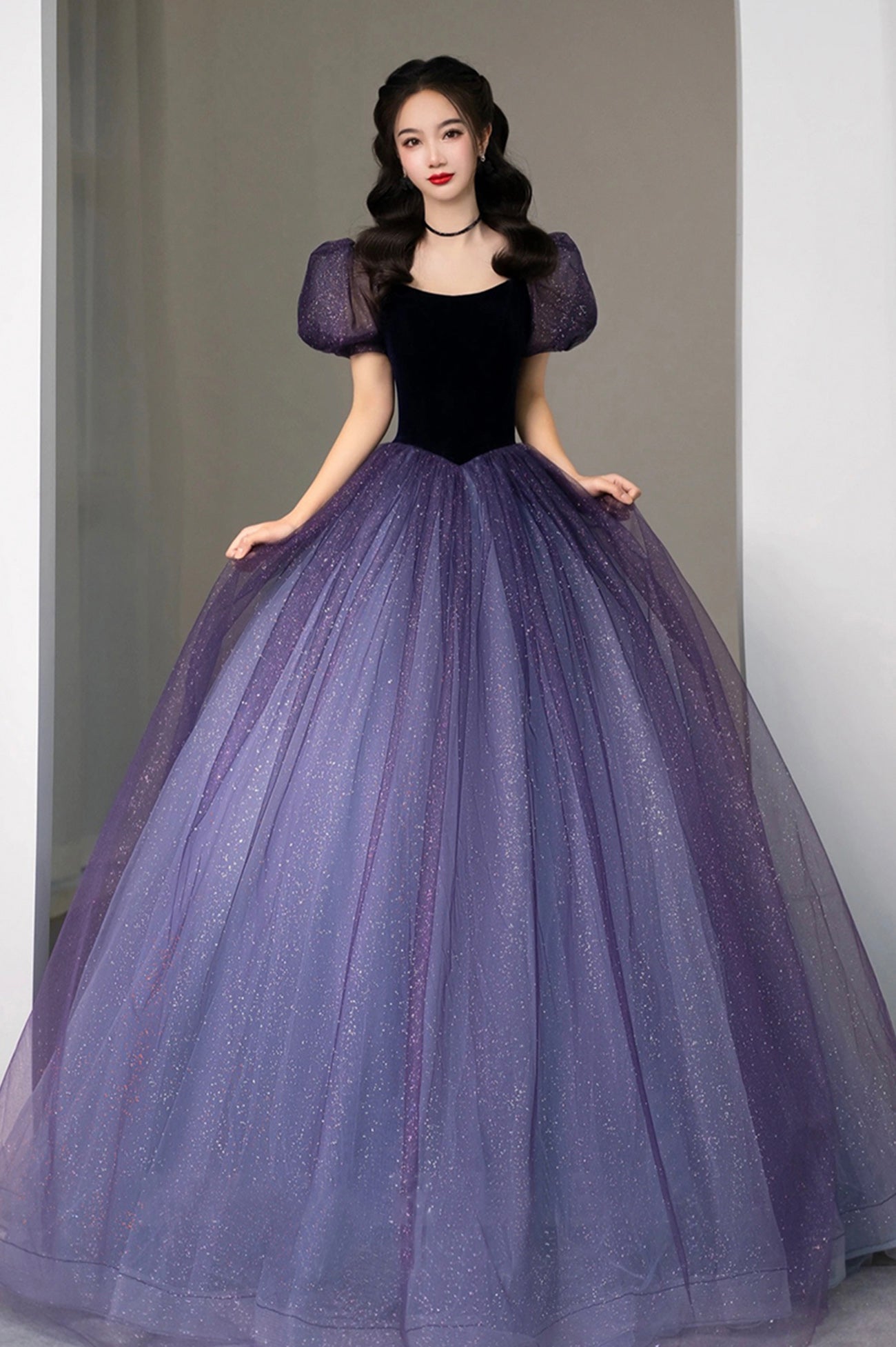 Purple Tulle Floor Length Prom Dress, Lovely A-Line Short Sleeve