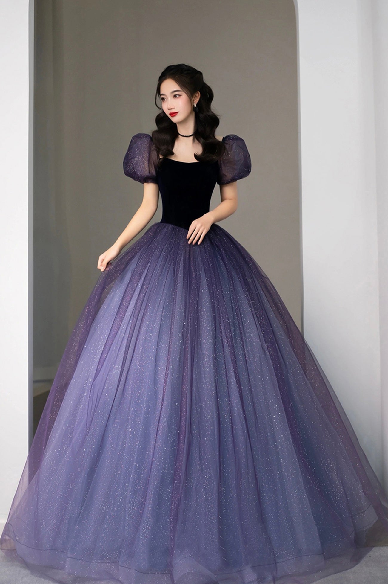 Purple Tulle Floor Length Prom Dress, Lovely A-Line Short Sleeve Evening Dress