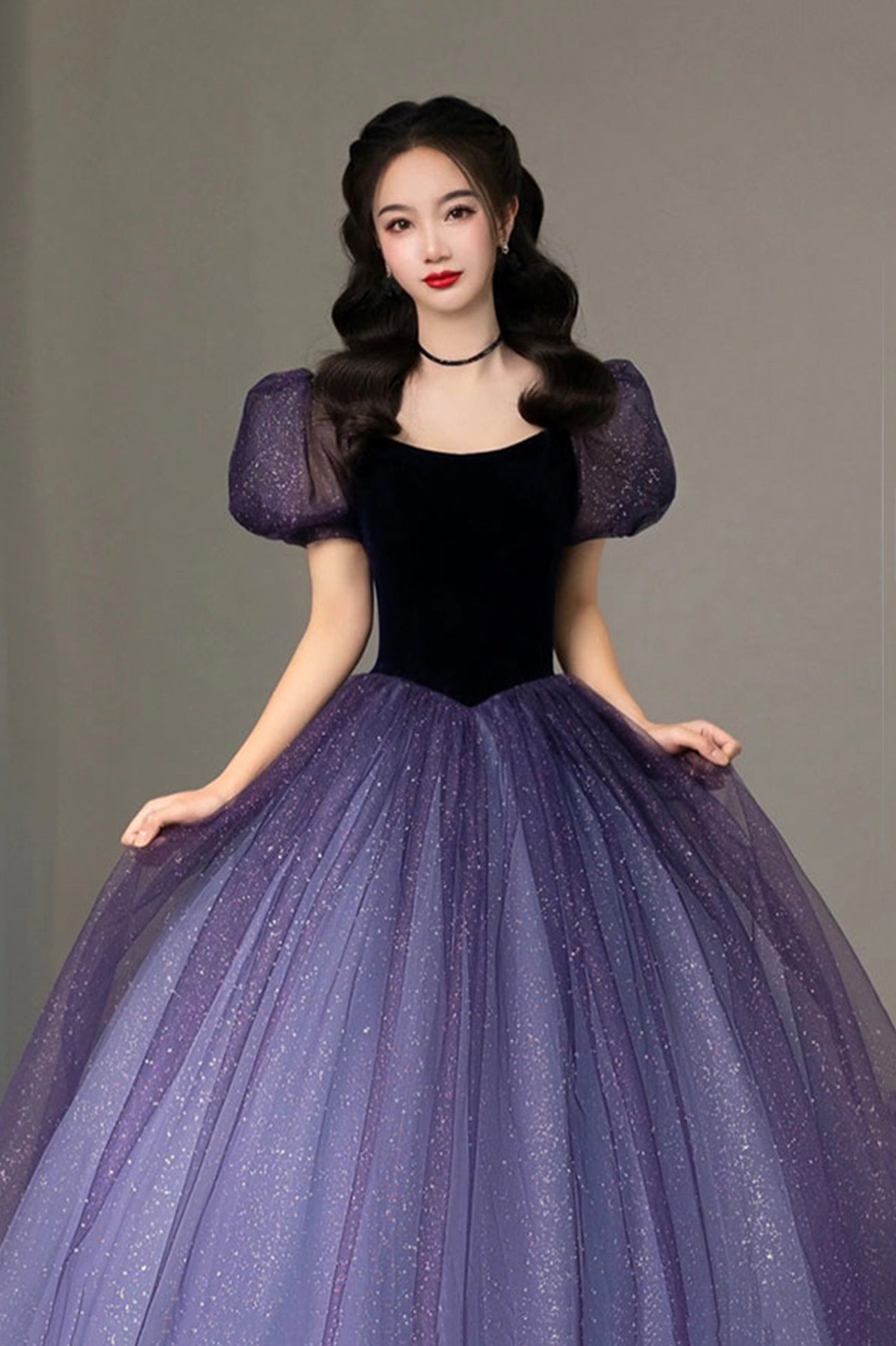 Purple Tulle Floor Length Prom Dress, Lovely A-Line Short Sleeve Evening Dress