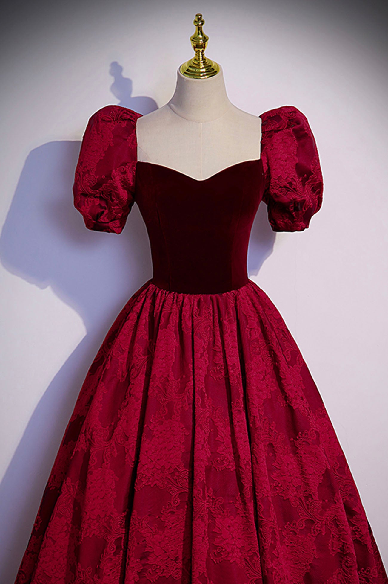 Burgundy Velvet Long Prom Dress, A-Line Short Sleeve Evening Dress