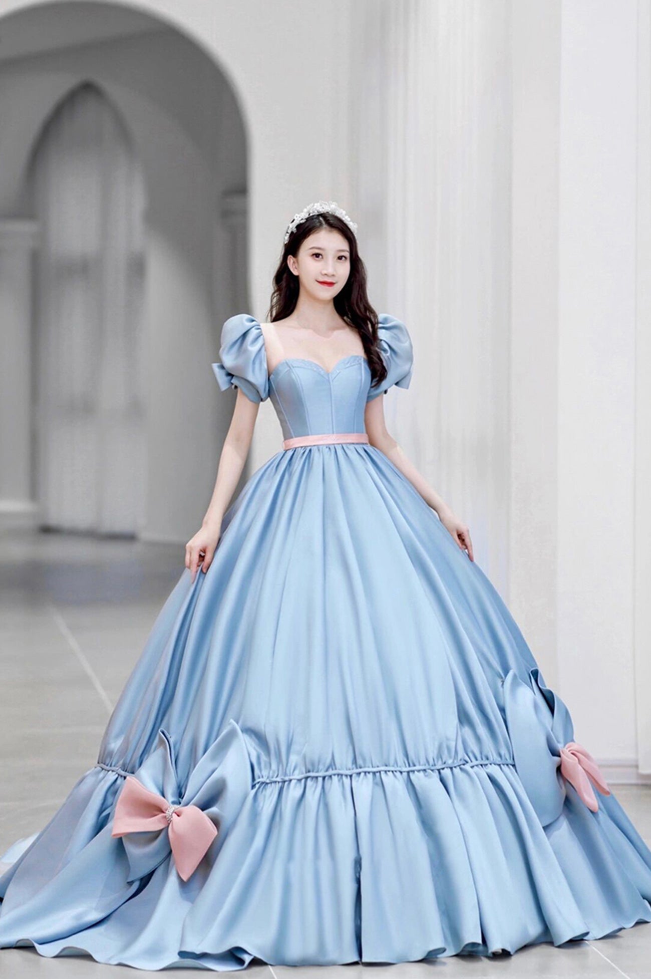 Blue Satin Long Prom Dress, A-Line Short Sleeve Evening Formal Gown