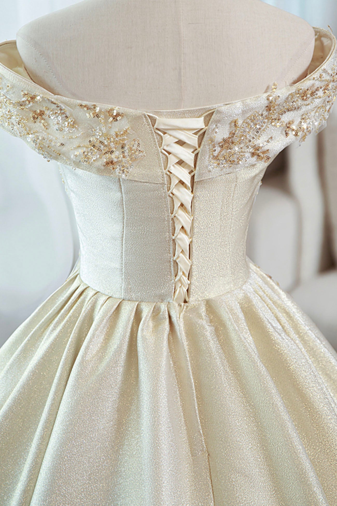 Champagne Satin Sequins Long Prom Dress, Off the Shoulder Evening Party Dress