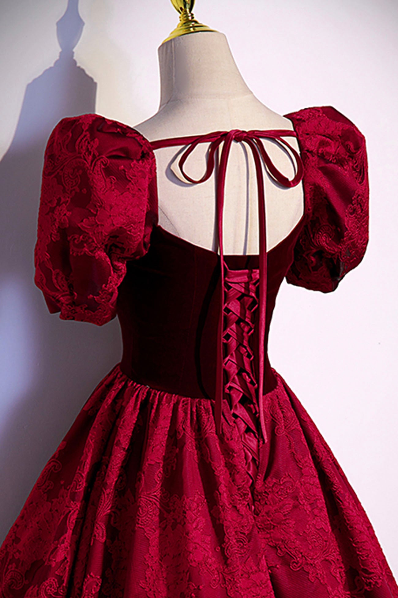 Burgundy Velvet Long Prom Dress, A-Line Short Sleeve Evening Dress