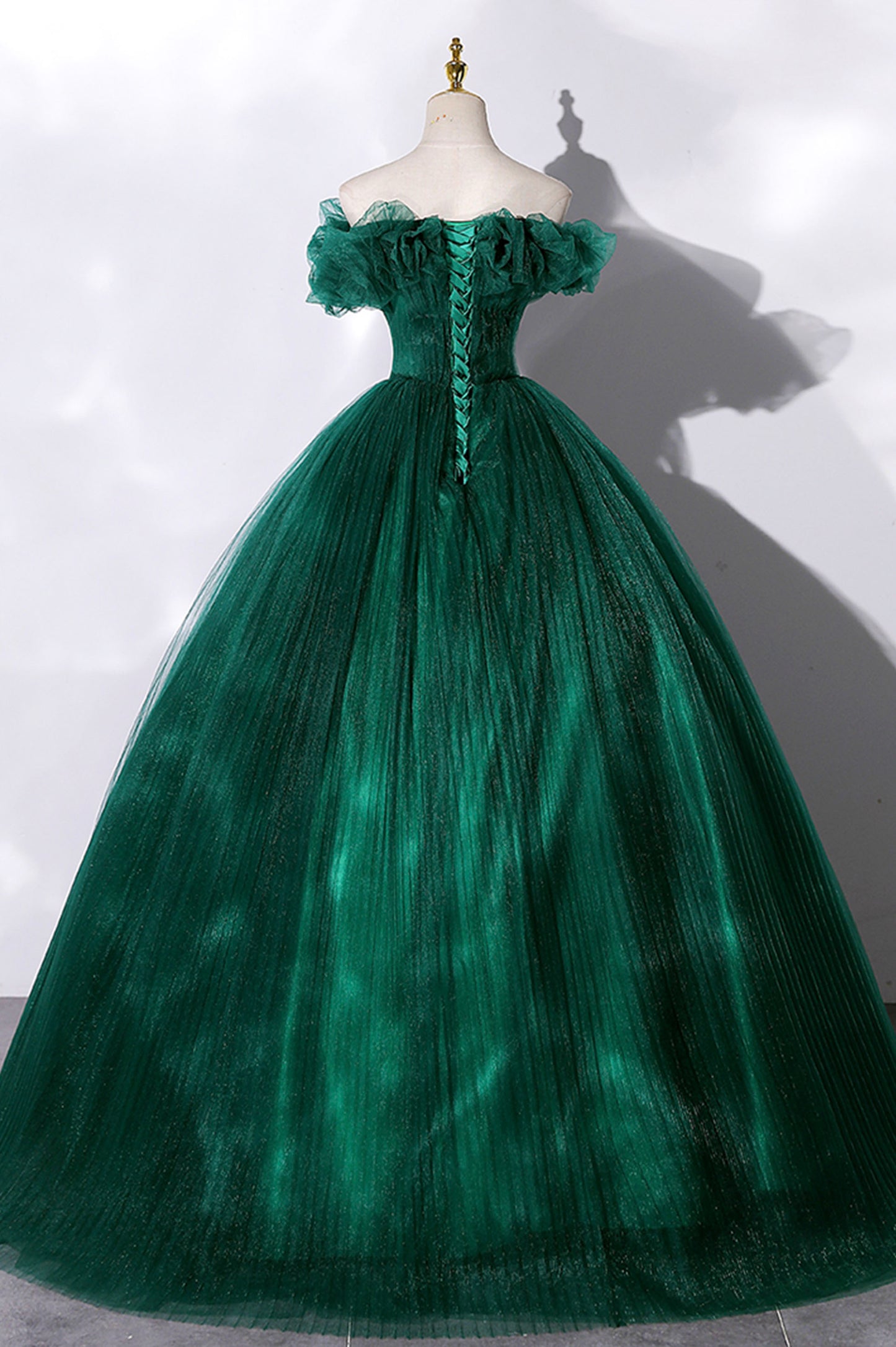 Green Tulle Long A-Line Prom Dress, Off the Shoulder Evening Party Gown