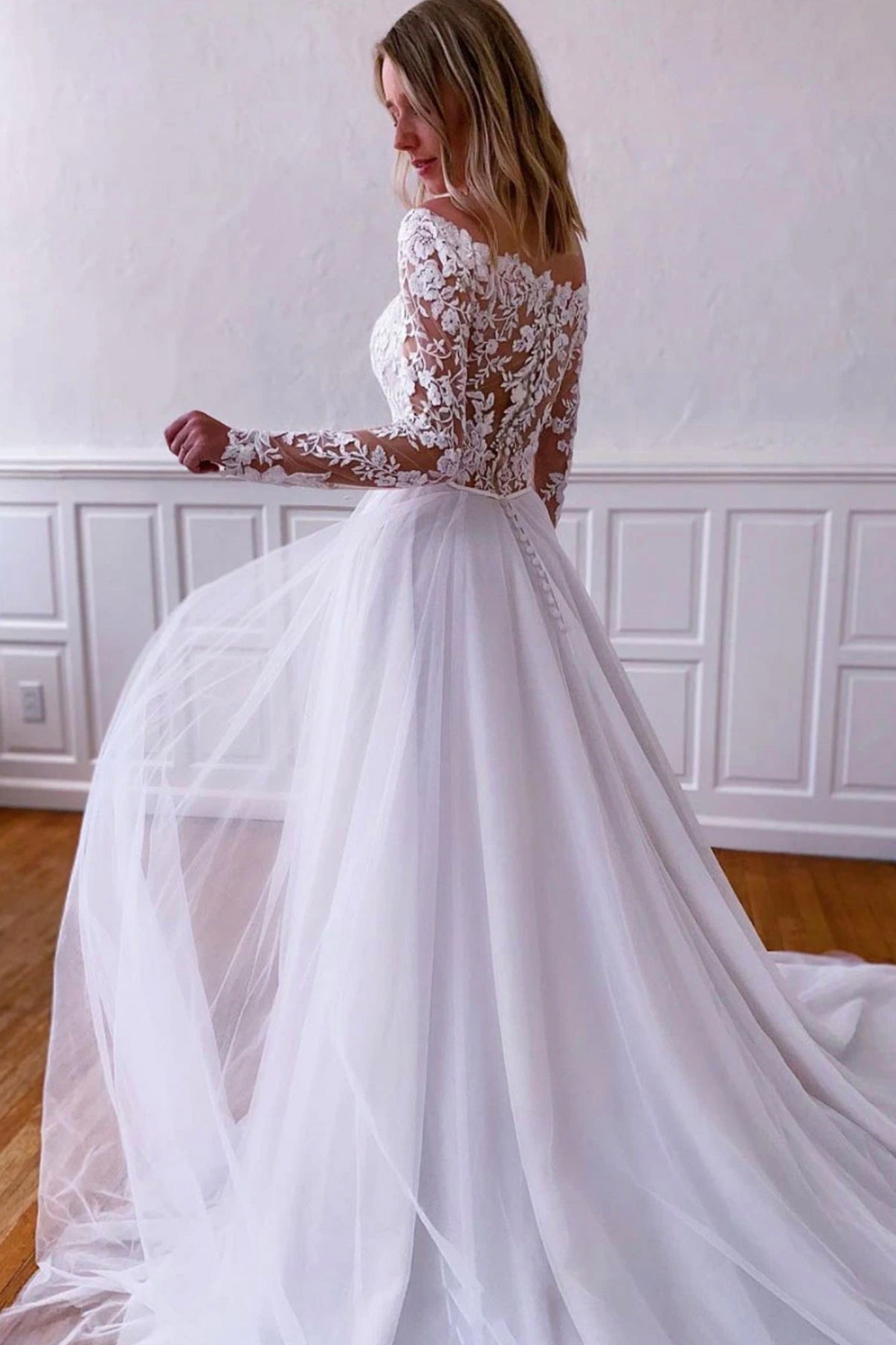 White Lace Long Sleeve Floor Length Prom Dress