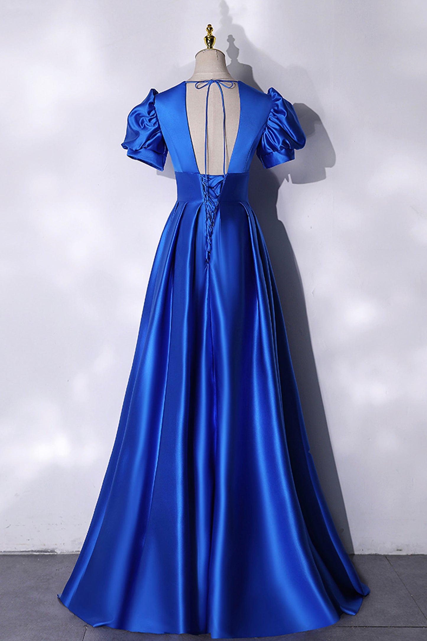 Blue V-Neck Satin Long Prom Dress, Elegant A-Line Evening Party Dress